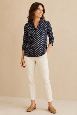 J.McLaughlin Women’s XS Navy Gold Geometric Ruffle Neck Stretch Top